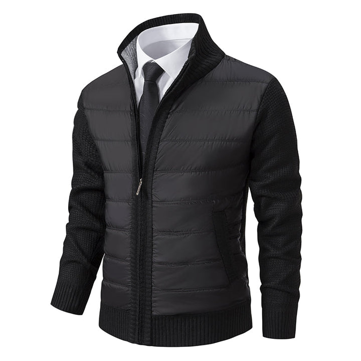 Men's fashion puffer jacket, zip-up, with distinctive knitted sleeves. Great for cold weather.