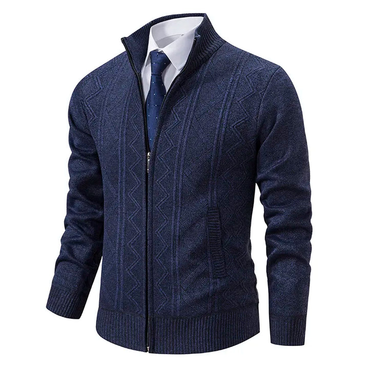 Modern men's warm puffer coat for winter, designed with a zip-up front & stylish knitted sleeves.