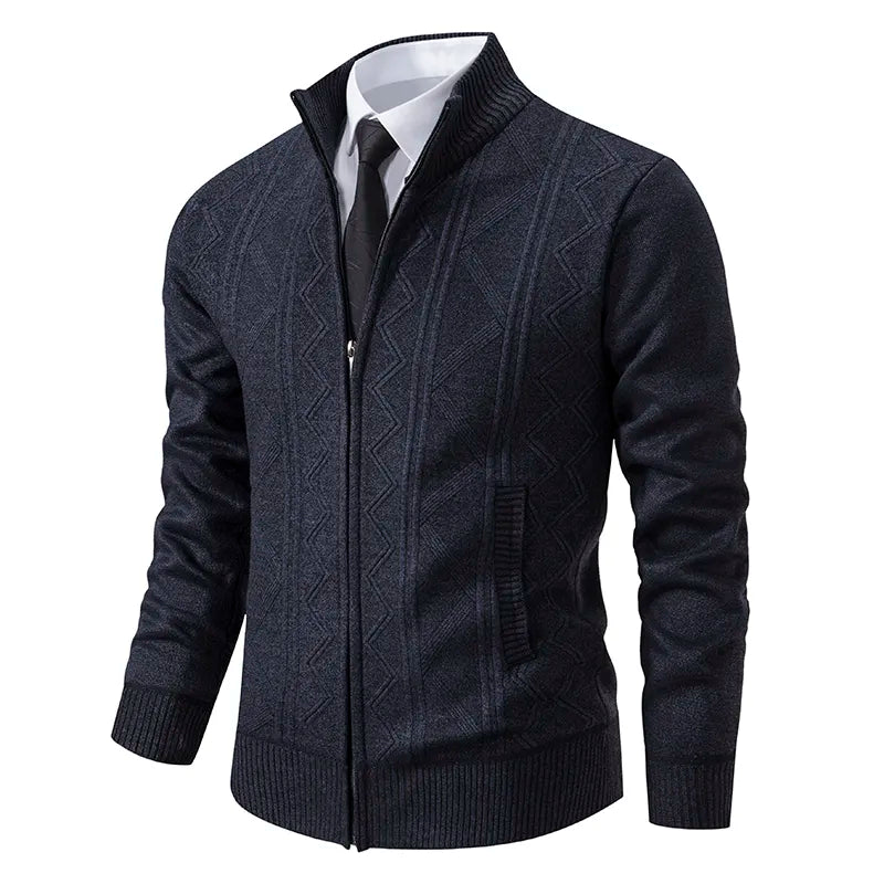 Comfortable men's outerwear: zip-up puffer jacket with fashionable knitted sleeves for warmth.