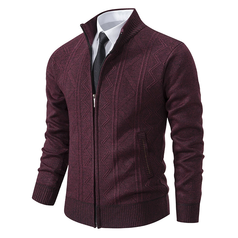 Men's zip-up puffer coat with a warm body & contrasting knitted sleeves. Perfect fall/winter style.