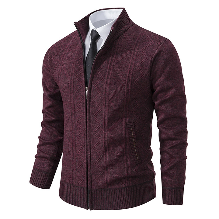 Men's zip-up puffer coat with a warm body & contrasting knitted sleeves. Perfect fall/winter style.