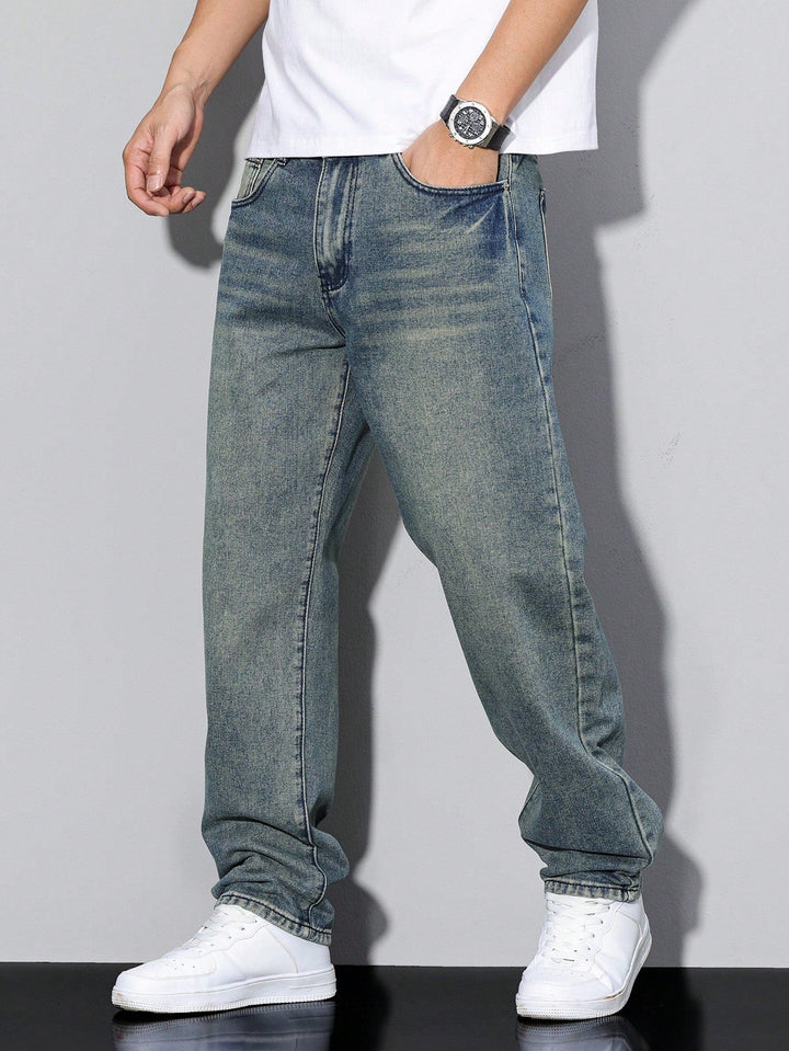 Modern men's straight leg pants, casual washed finish, for versatile styling.
