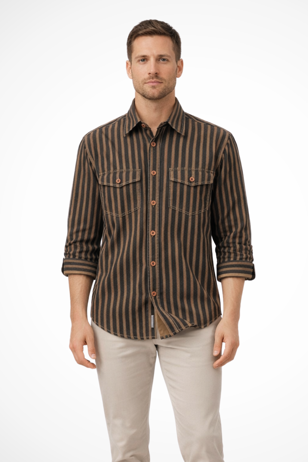 Men's washed striped loose fit long sleeve button-down shirt, perfect for casual everyday wear.