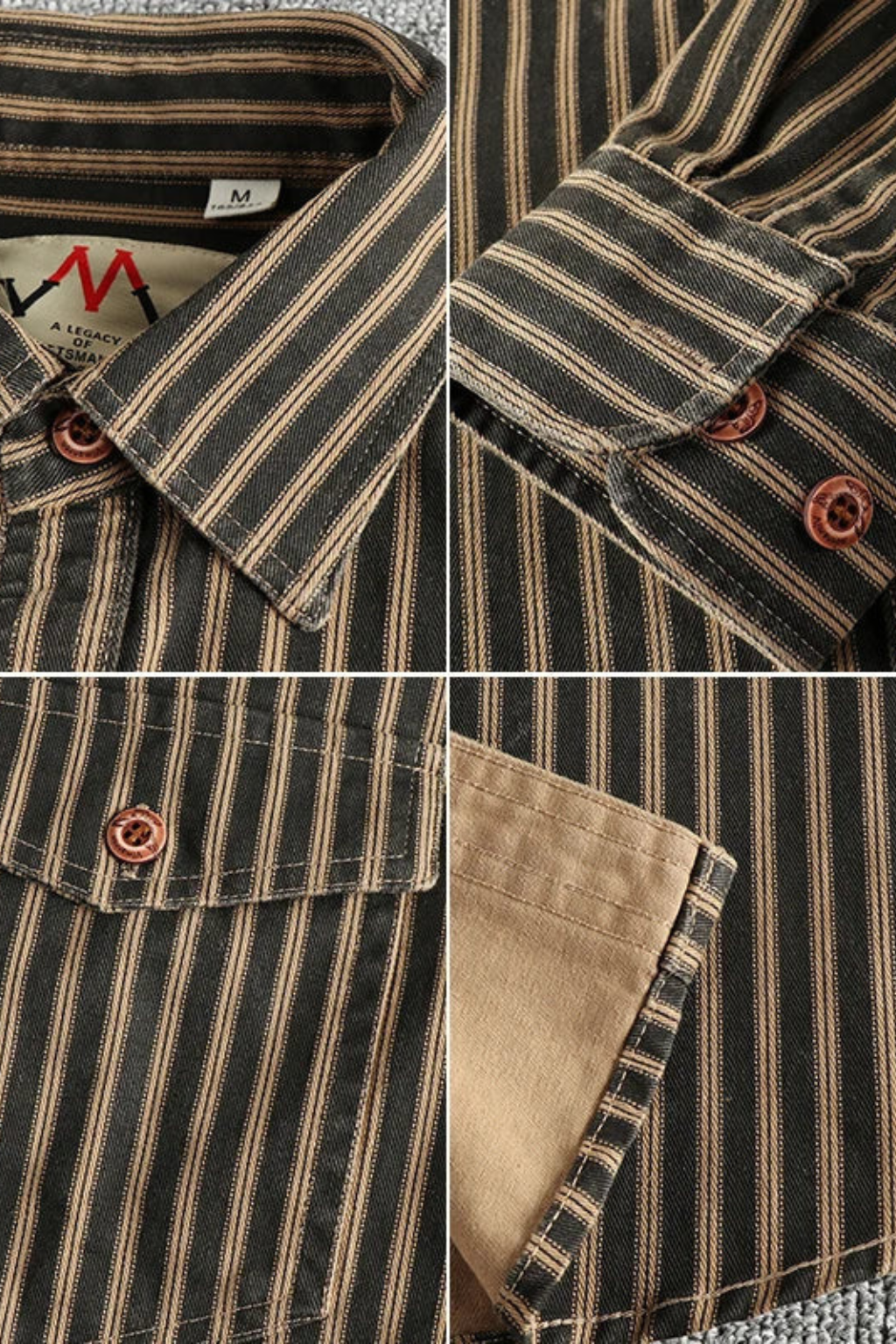 Modern men's long sleeve striped shirt, washed look, loose fit, offering a stylish casual vibe.