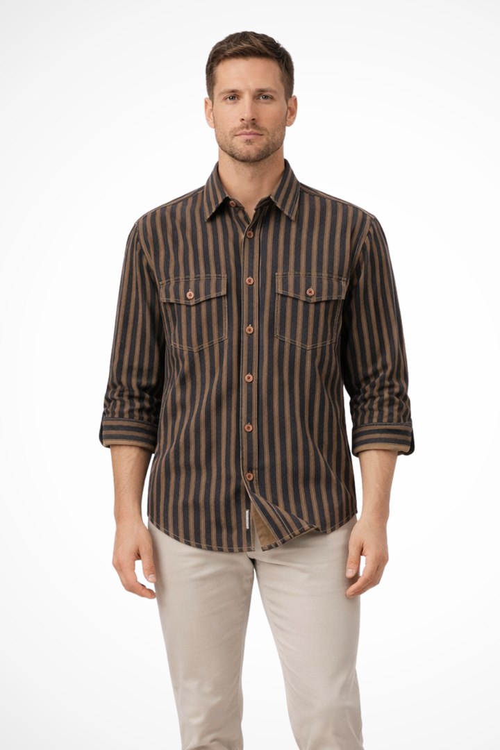 Men's fashion top: washed striped loose fit long sleeve shirt for comfortable everyday style.