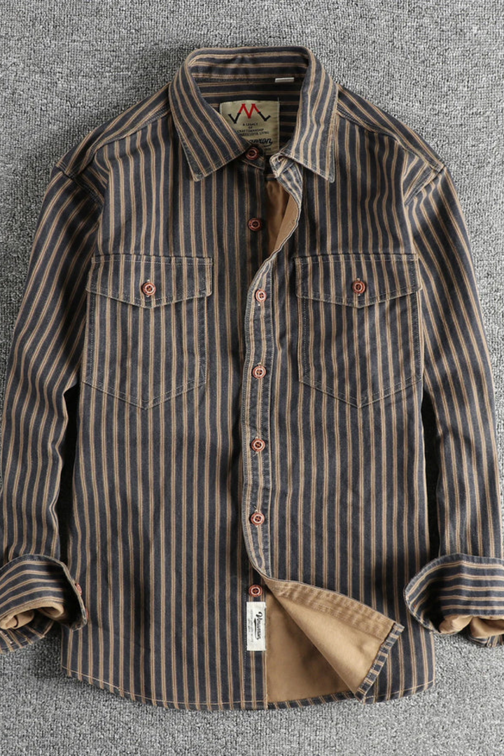 Relaxed fit men's striped long sleeve shirt with a washed look, ideal for casual outfits.