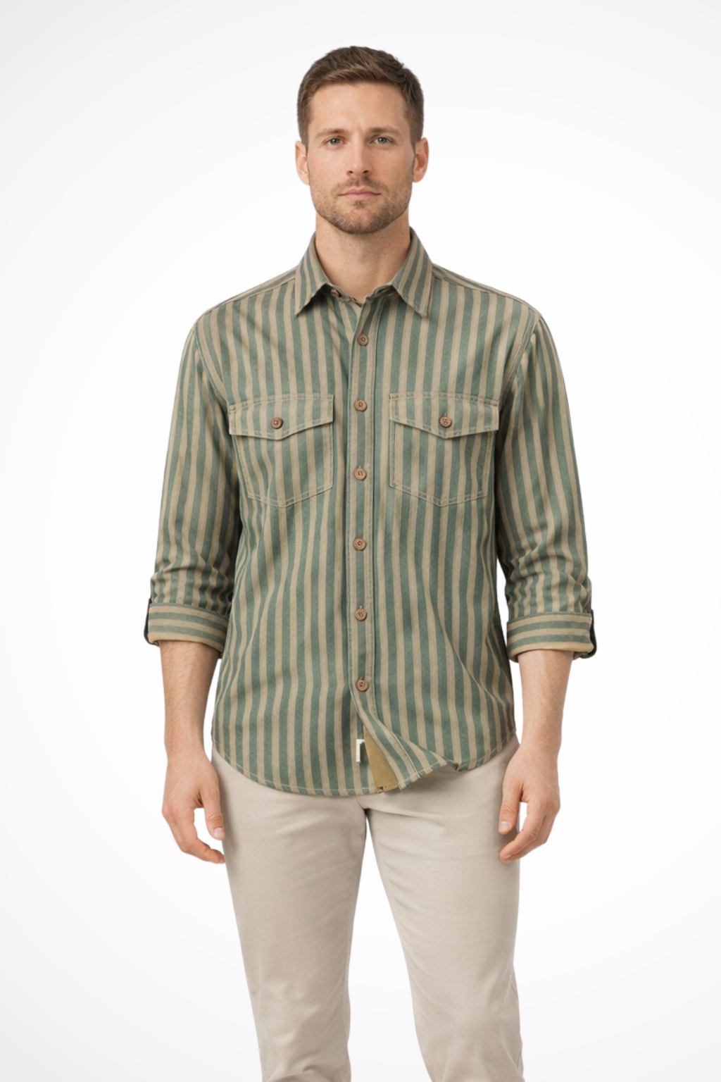 Comfortable men's loose fit striped button-down shirt, long sleeves, great for everyday wear.