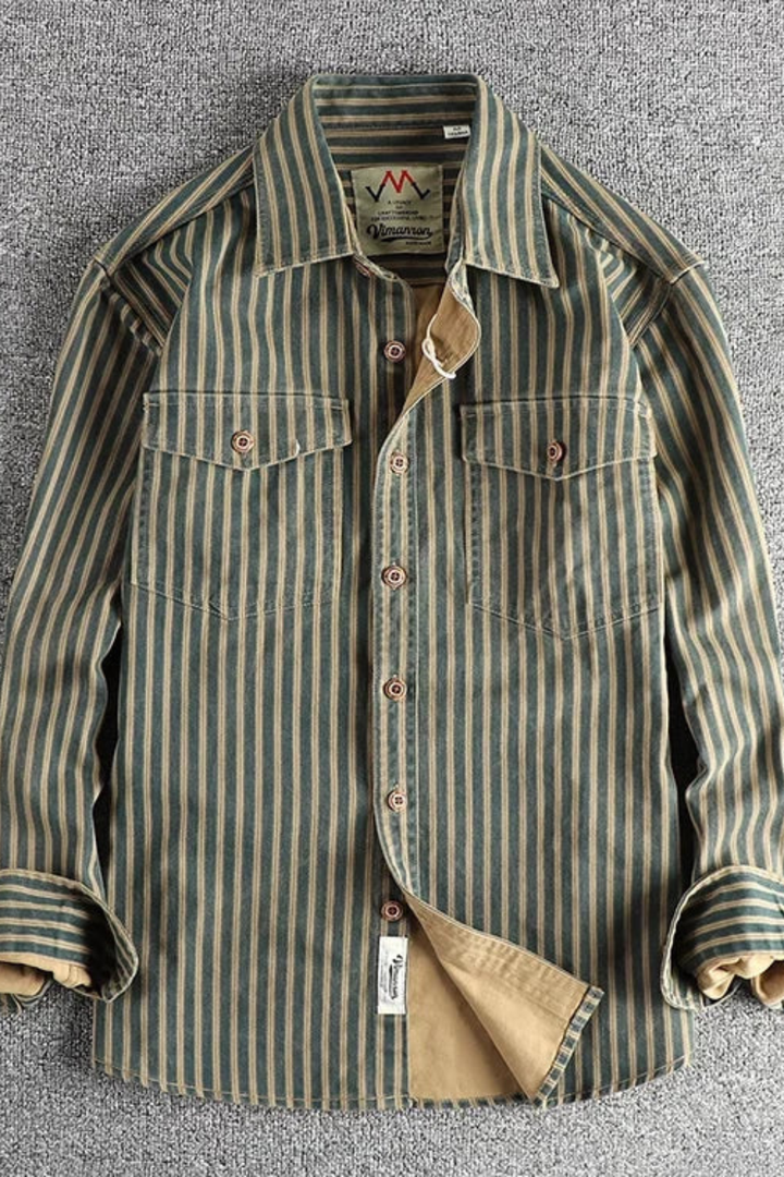 Washed striped men's long sleeve shirt, casual and stylish, with a modern loose fit.