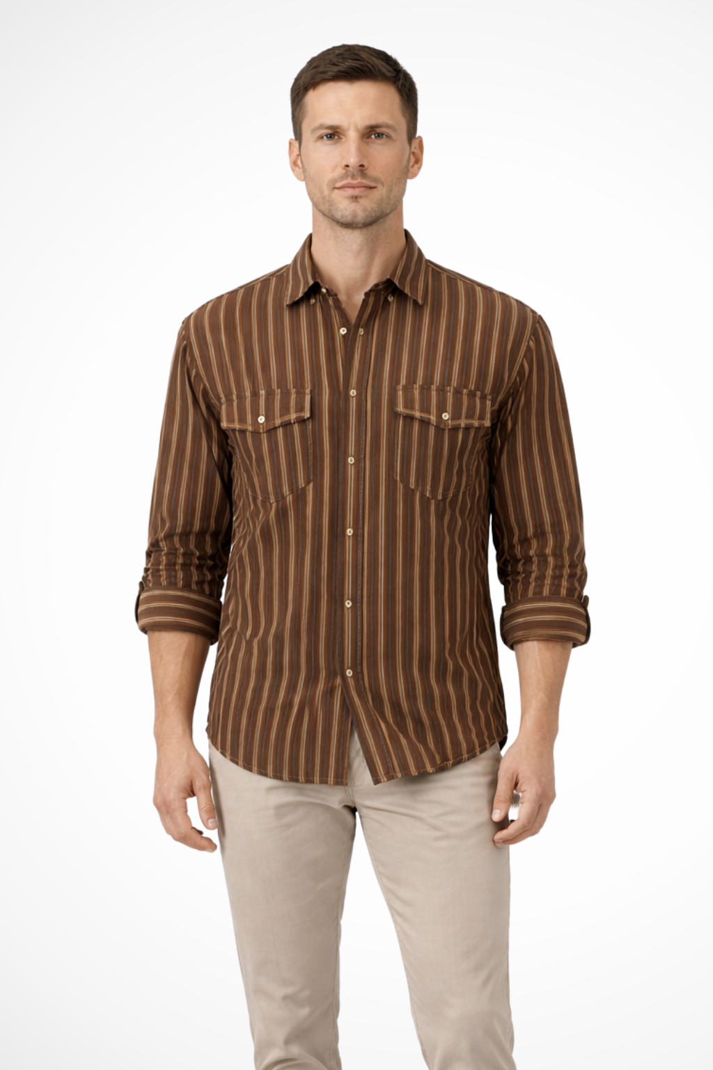 Men's casual blouse: washed striped, loose fit, long sleeve button-down shirt for versatile styling.