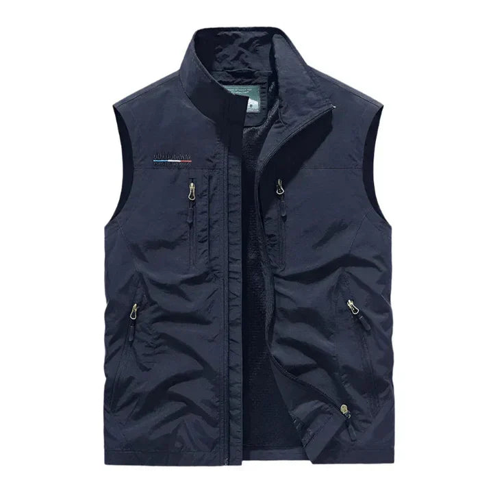Durable men's outdoor vest, water-resistant and suitable for various adventures.