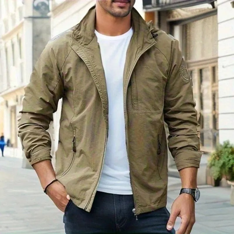 Men's waterproof breathable summer jacket with cargo pockets, ideal for outdoor adventures & casual wear.