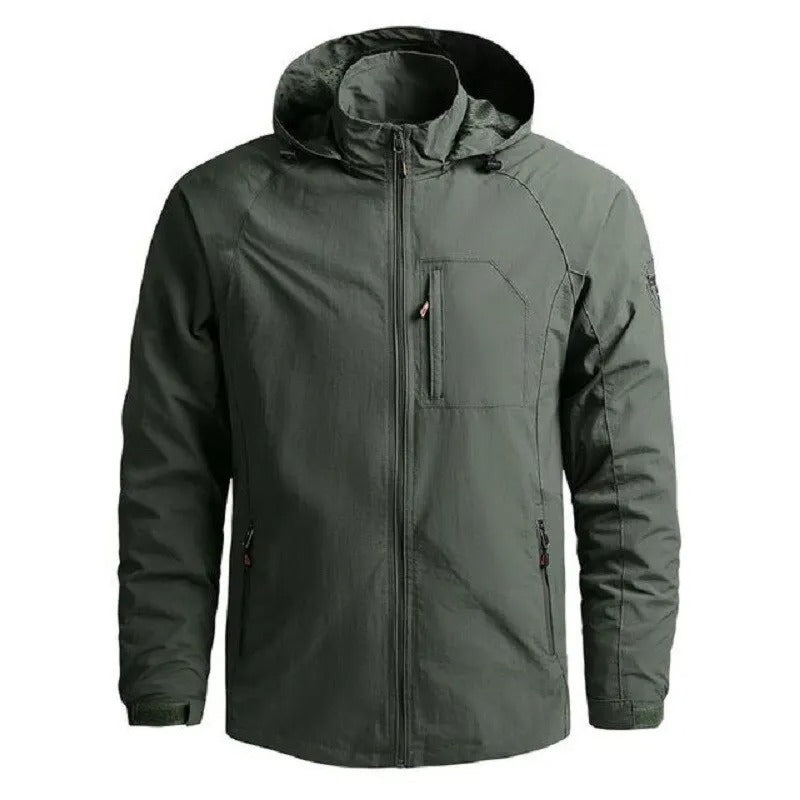Man wearing a modern waterproof breathable cargo summer jacket, suitable for hiking, travel, or everyday casual use.