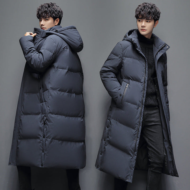 Stay dry and warm in this mens down jacket featuring an adjustable hood for ultimate comfort