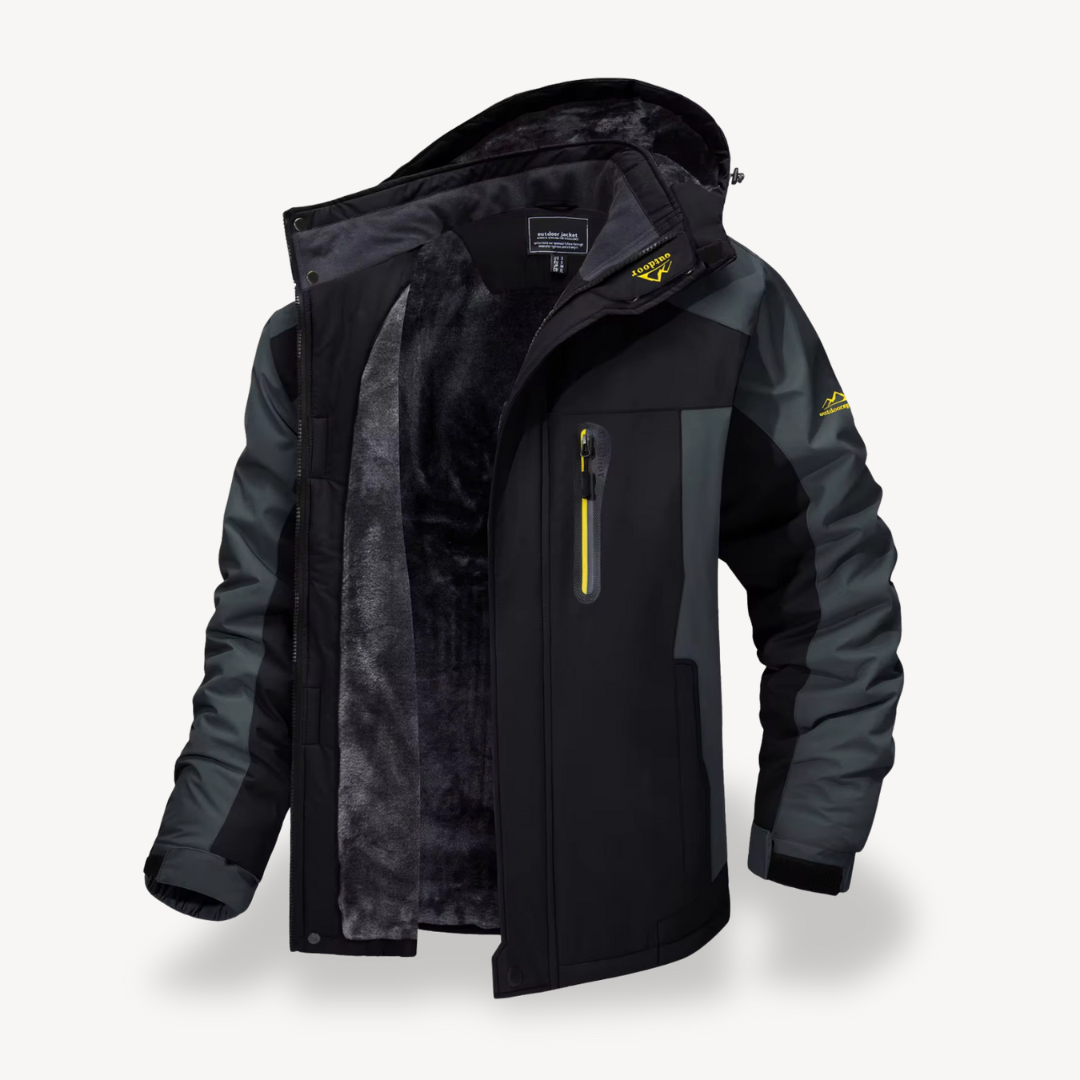 Men's waterproof fleece-lined hooded winter jacket for cold weather outdoor adventures.