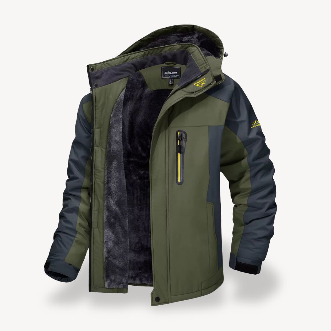 Durable hooded winter coat for men, featuring warm fleece lining and waterproof protection.