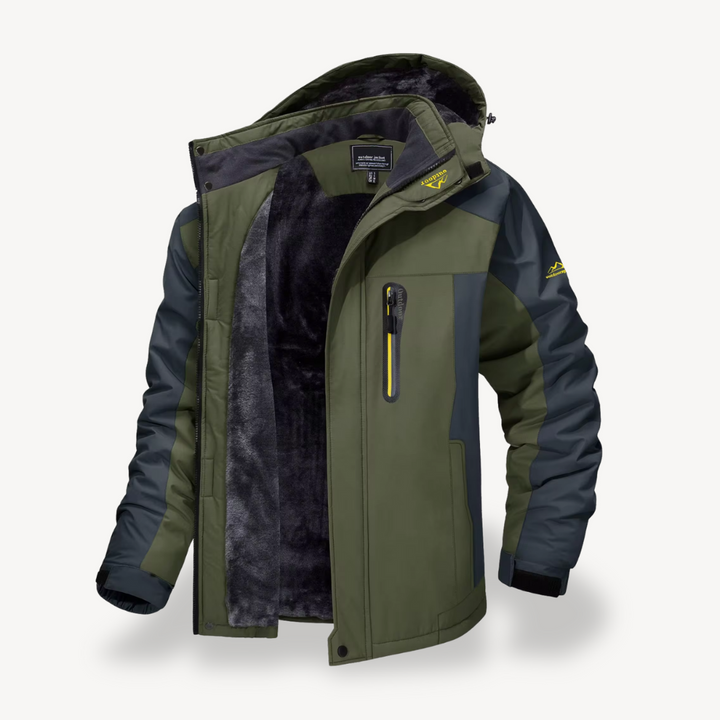 Durable hooded winter coat for men, featuring warm fleece lining and waterproof protection.