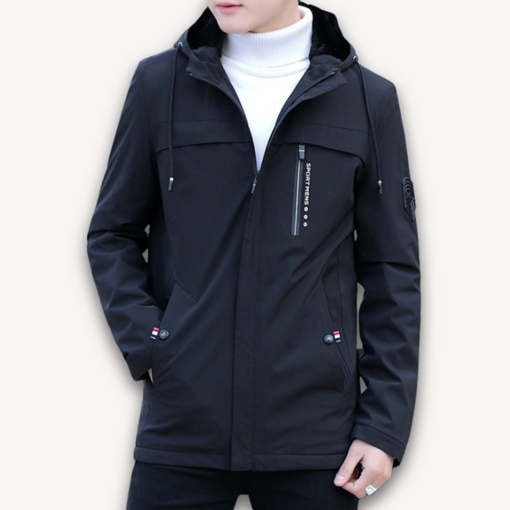Men's waterproof hooded jacket, ideal for all-weather outdoor wear.