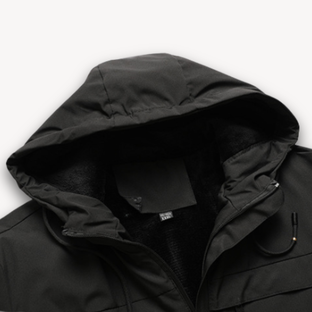 Stylish men's hooded jacket, waterproof and designed as durable all-weather outerwear.