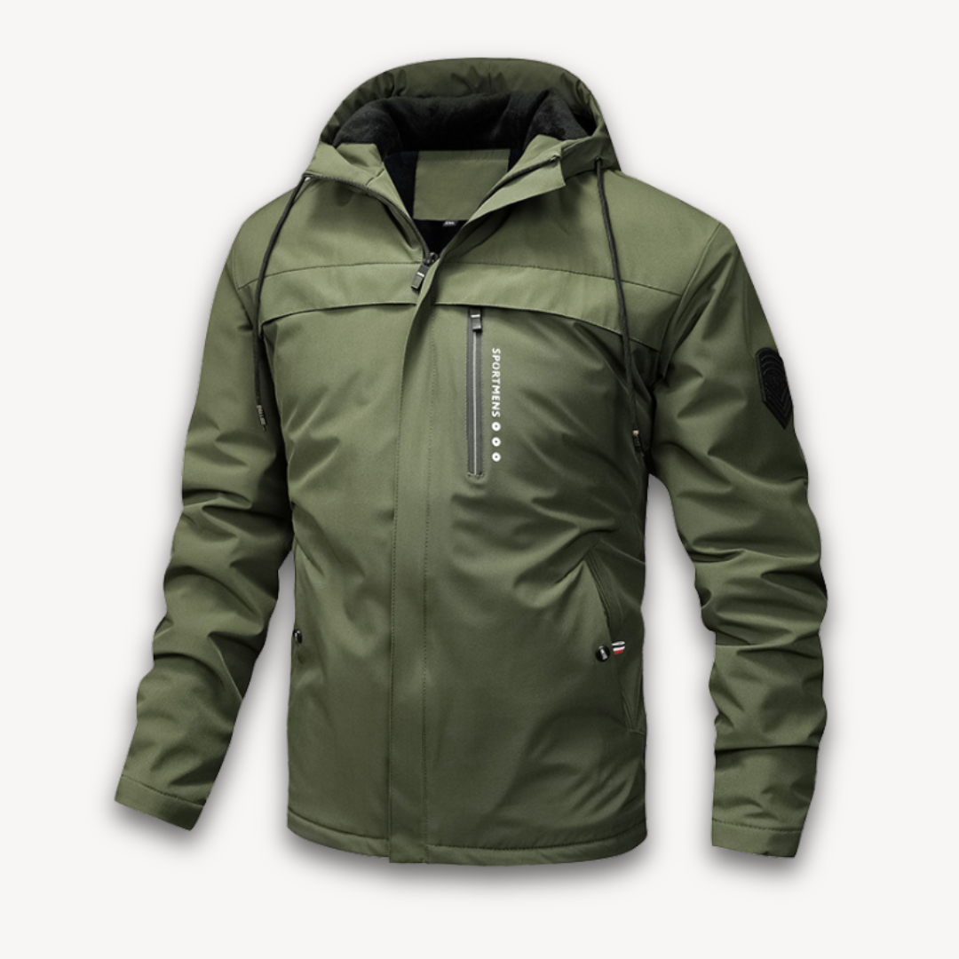 Waterproof hooded men's jacket with zipper, excellent for casual and outdoor wear.