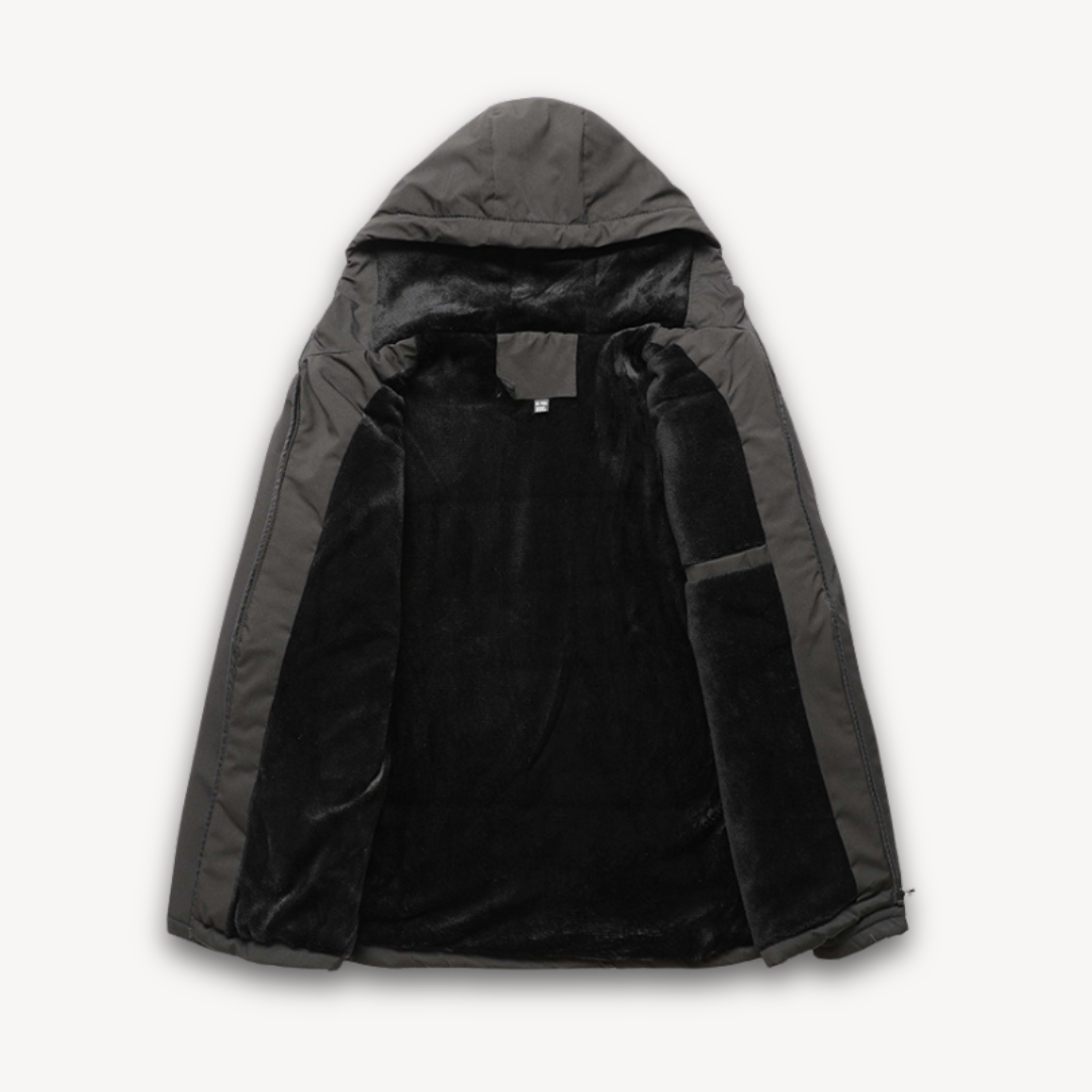 Durable men's windbreaker, hooded and waterproof, offering optimal protection and style.