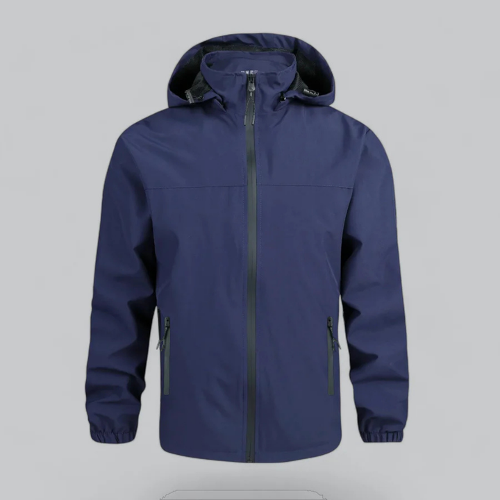 Men's waterproof hooded rain jacket for outdoor wear. Lightweight windbreaker, perfect for spring & fall.