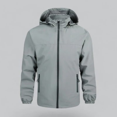 Casual men's waterproof zip-up rain jacket with hood. Ideal lightweight outerwear for all-weather travel.