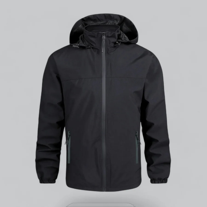 Durable men's hooded waterproof jacket for protection from rain & wind. Excellent outdoor & casual fall wear.