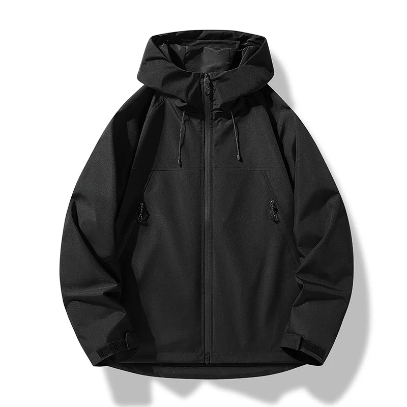 Close-up of waterproof fabric on men's outdoor shell jacket