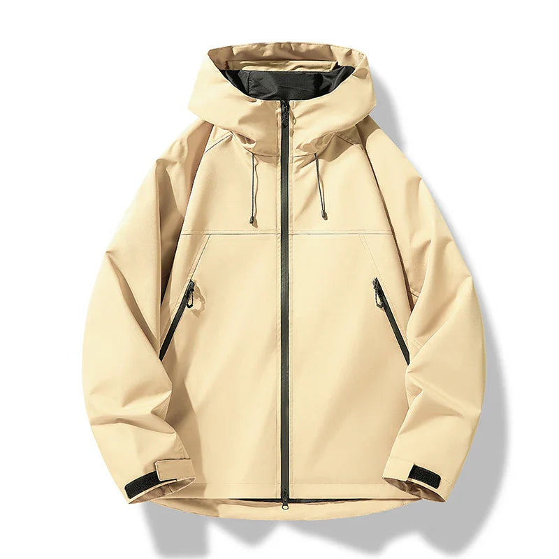 Packable men's waterproof jacket with adjustable hood for travel