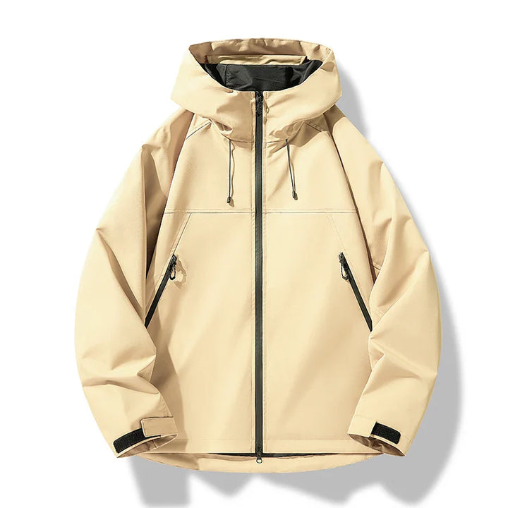 Packable men's waterproof jacket with adjustable hood for travel