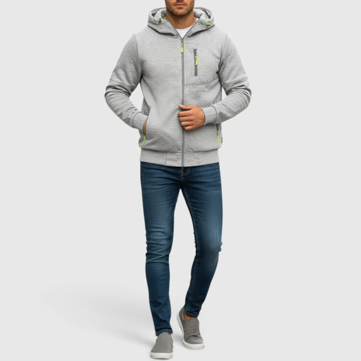 Men's waterproof hooded zip-up hoodie for all-weather comfort. Casual loose fit outerwear.