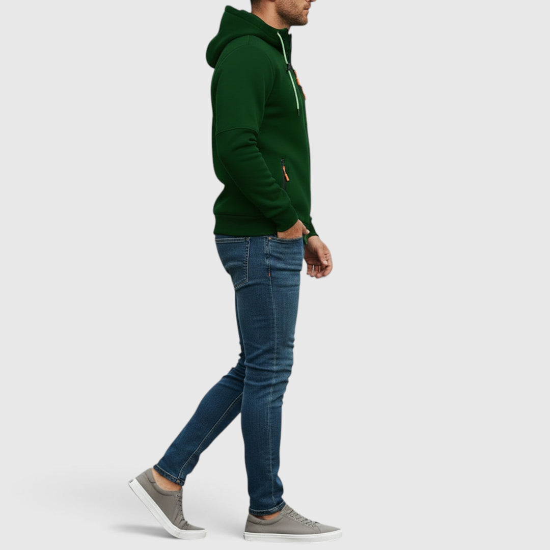 Men's waterproof outerwear: a comfortable, loose-fit, hooded zip-up jacket for all seasons.