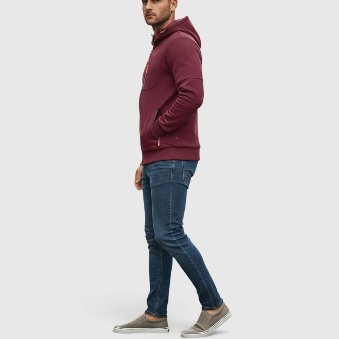 Essential men's waterproof hoodie. Loose-fit zip-up for casual wear, all-weather protection.