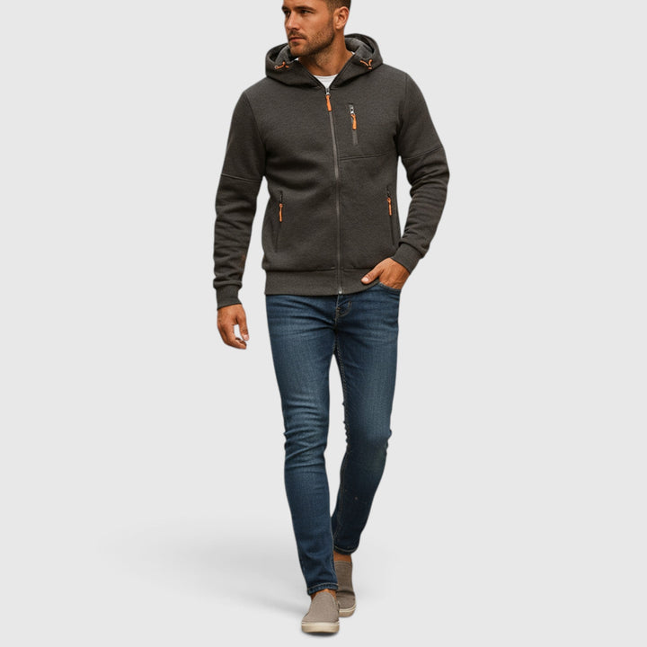 Practical men's hooded zip-up jacket. Waterproof & loose-fit for comfortable all-weather style.