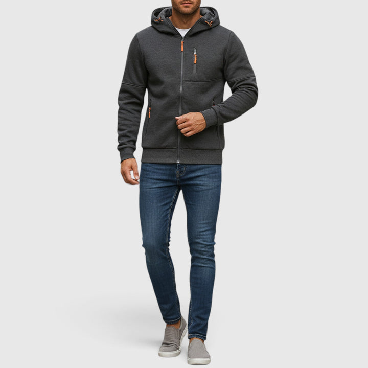 Stylish men's waterproof jacket. Zip-up hoodie with a casual loose fit, perfect for fall fashion.