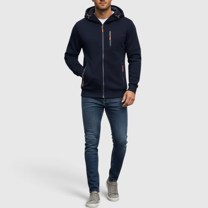 Durable men's waterproof zip-up hoodie, ideal casual outerwear for daily essentials & winter.