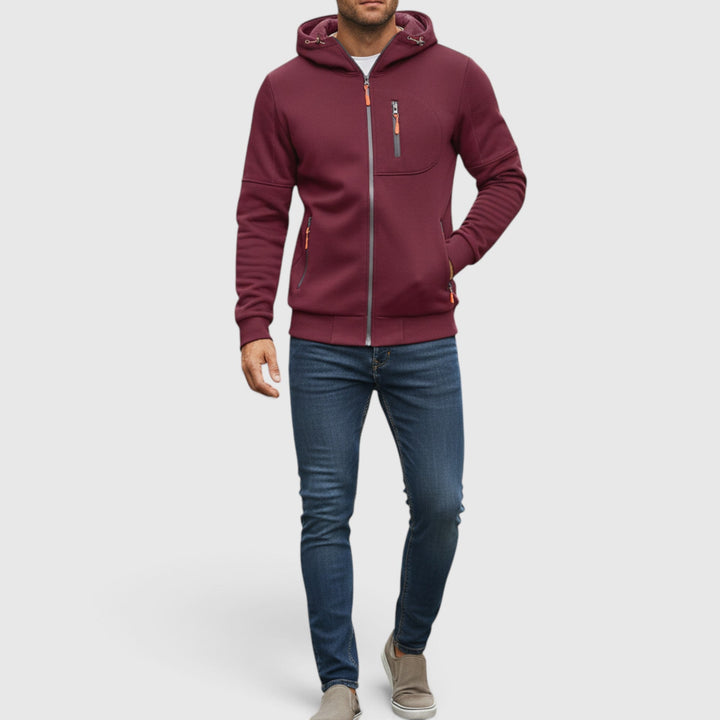 Men's casual loose-fit zip-up hoodie. Waterproof all-weather jacket, comfortable & versatile.
