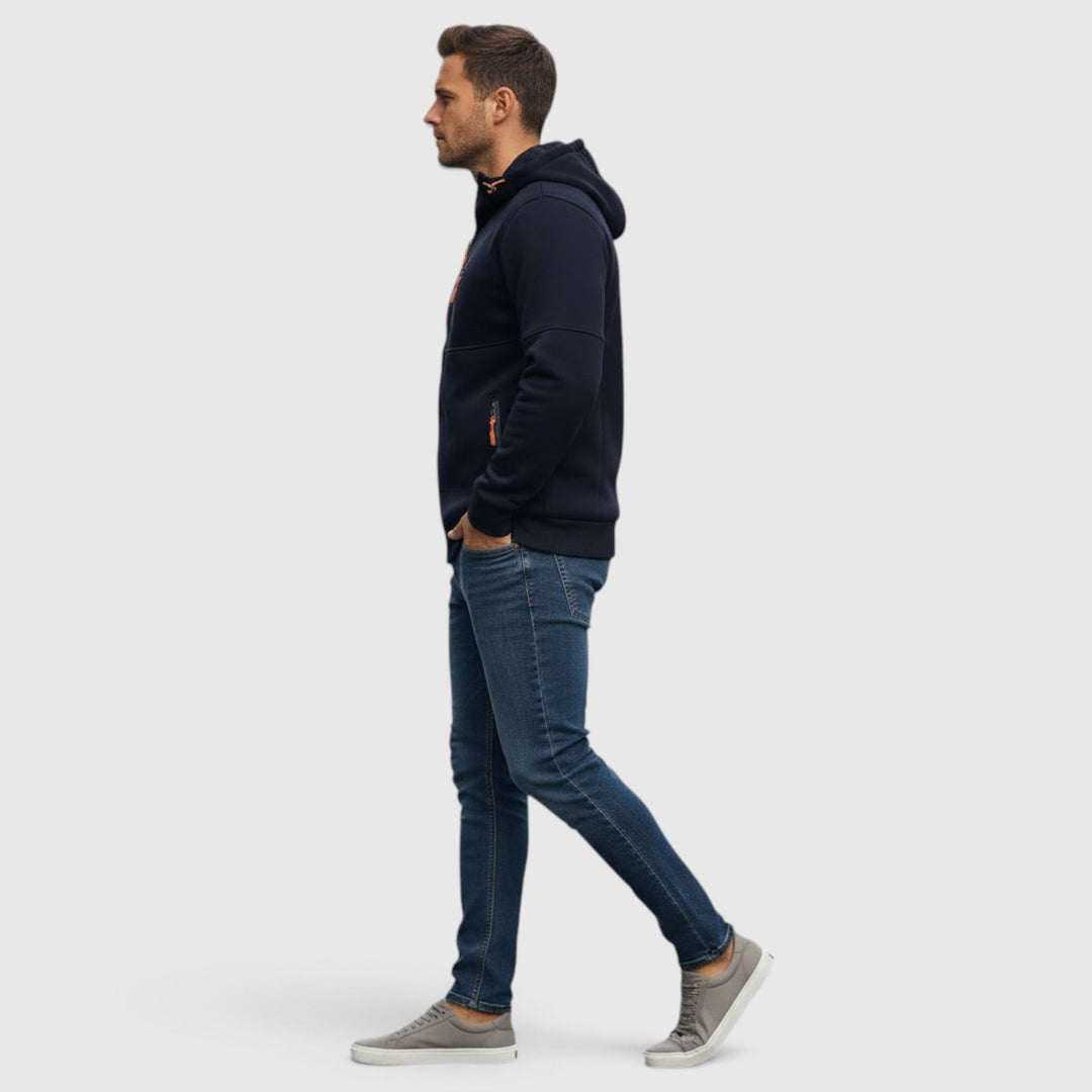 Men's all-weather waterproof zip-up hoodie. Comfortable loose-fit outerwear for daily style.