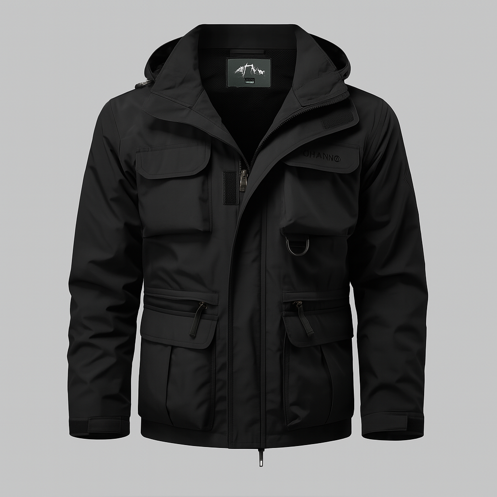Men's waterproof military style coat in black, ideal for outdoor adventures.