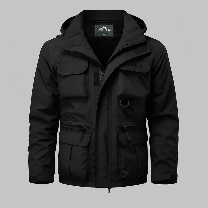 Men's waterproof military style coat in black, ideal for outdoor adventures.