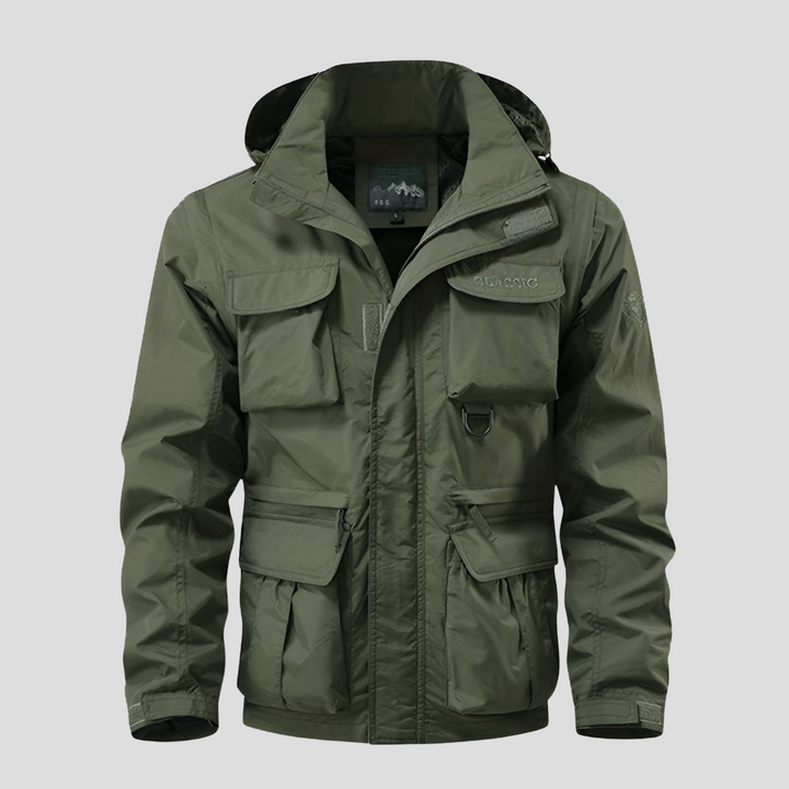 Versatile men's waterproof outerwear, showcasing military-inspired design.