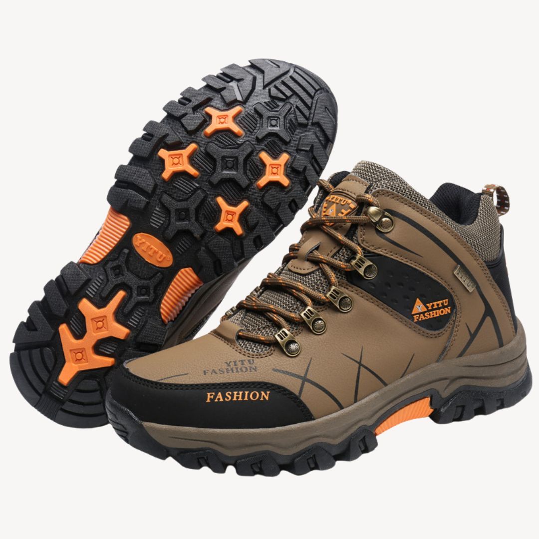 Front view of men's waterproof hiking boots. Orthopedic design ensures comfort & stability on all terrains.