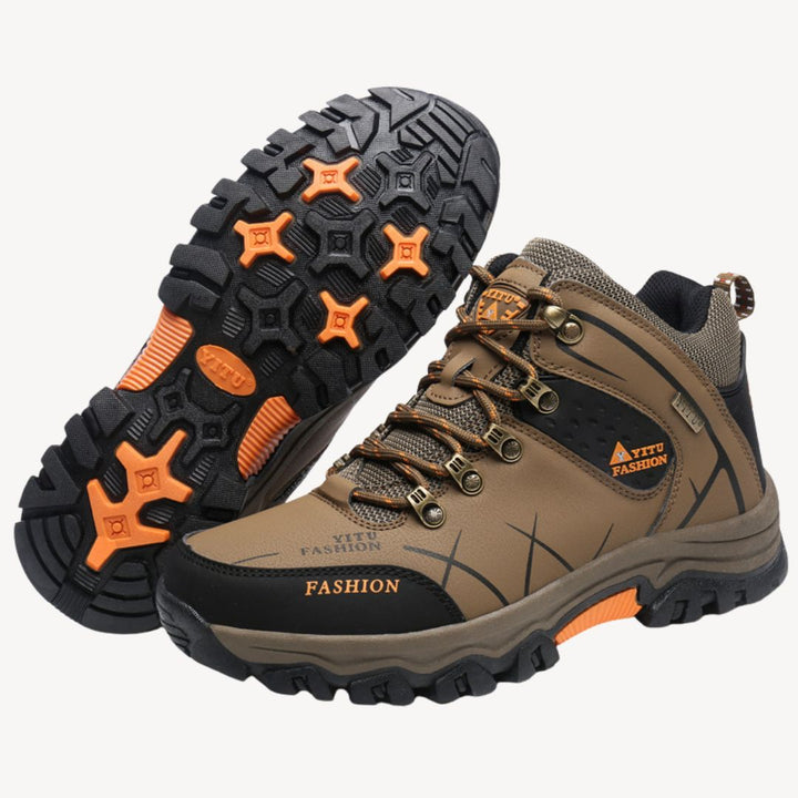 Front view of men's waterproof hiking boots. Orthopedic design ensures comfort & stability on all terrains.