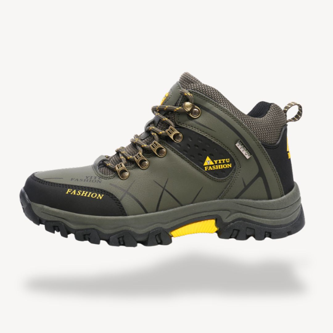 Durable men's all-terrain hiking boots with waterproof protection. Orthopedic support for rugged trails.