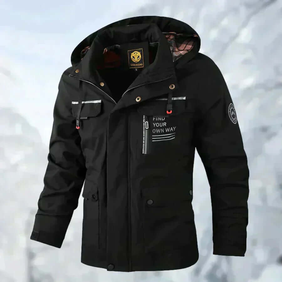 Modern men's waterproof puffer jacket. Essential winter outerwear for warmth & protection.