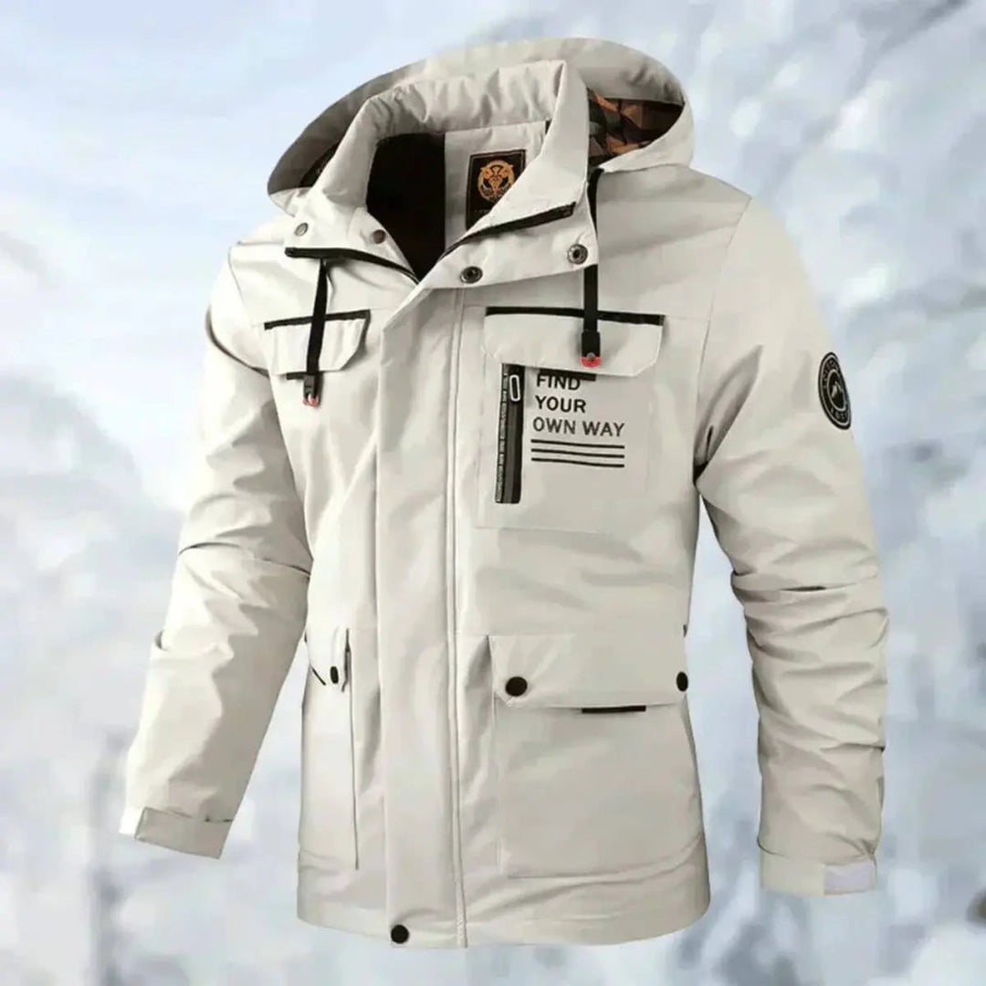 Men's waterproof quilted jacket with hood, ideal for outdoor wear in autumn & winter. Durable & windproof.