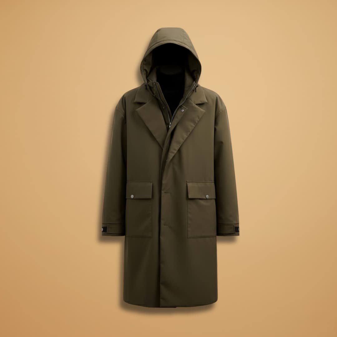 Men's waterproof raincoat with adjustable hood and cuffs for outdoor adventures.