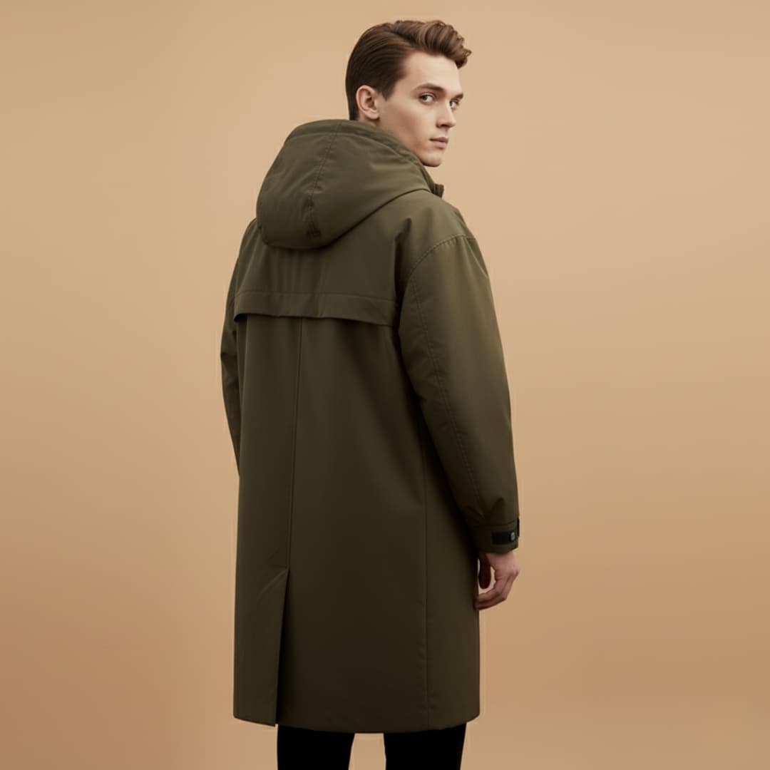 Comfortable and functional men's outdoor apparel, featuring adjustable hood and cuffs.