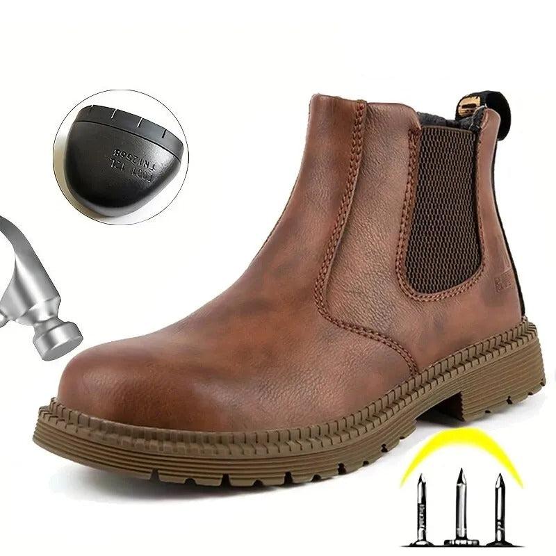 Rugged men's waterproof steel toe safety boots, engineered with a slip-resistant sole for tough work conditions.