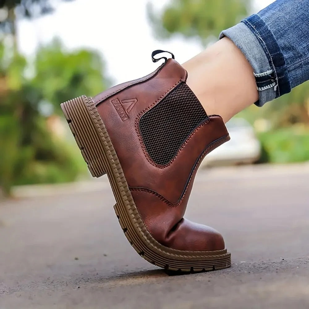 All-weather men's waterproof steel toe work shoes, slip-resistant design ensures safety & comfort on any job site.